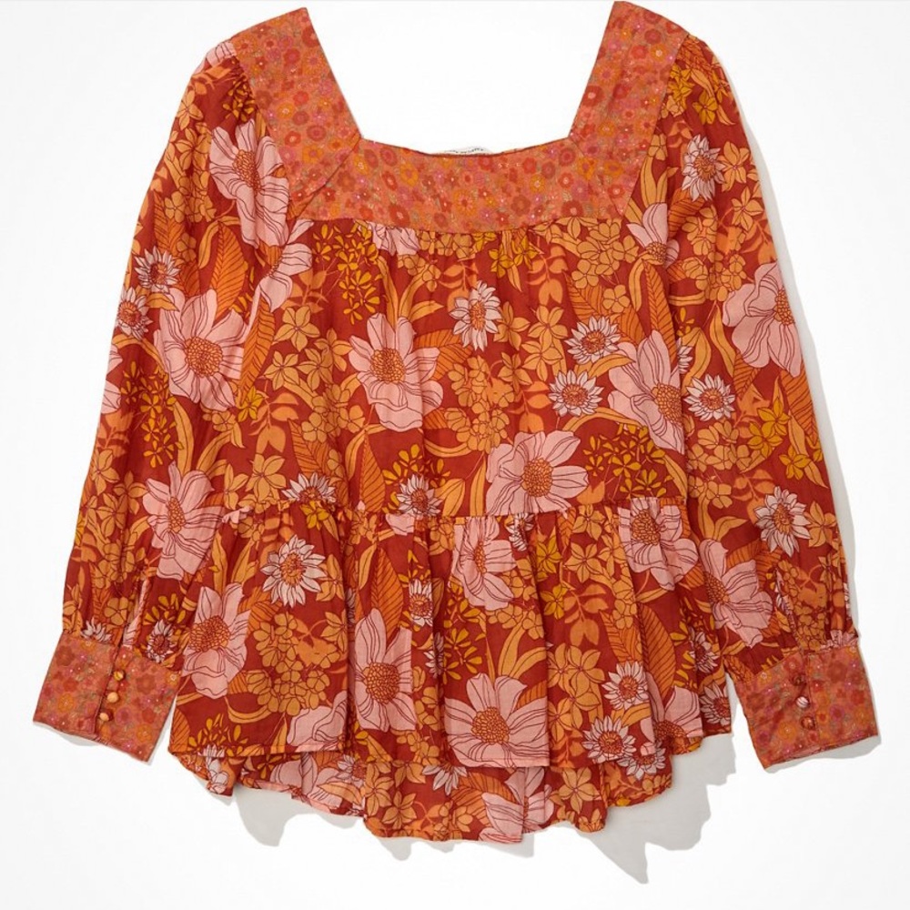 American Eagle Oversized Long Sleeve Square Neck Peasant Blouse